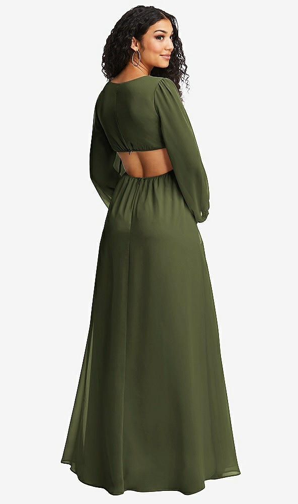 Back View - Olive Green Long Puff Sleeve Cutout Waist Chiffon Maxi Dress