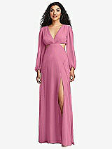 Front View Thumbnail - Orchid Pink Long Puff Sleeve Cutout Waist Chiffon Maxi Dress