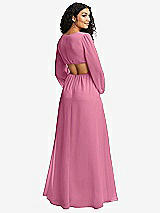 Rear View Thumbnail - Orchid Pink Long Puff Sleeve Cutout Waist Chiffon Maxi Dress