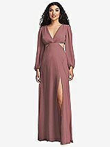 Front View Thumbnail - Rosewood Long Puff Sleeve Cutout Waist Chiffon Maxi Dress