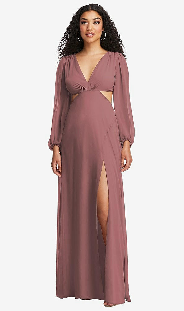 Front View - Rosewood Long Puff Sleeve Cutout Waist Chiffon Maxi Dress