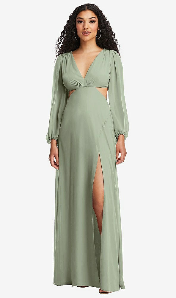 Front View - Sage Long Puff Sleeve Cutout Waist Chiffon Maxi Dress