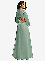 Rear View Thumbnail - Seagrass Long Puff Sleeve Cutout Waist Chiffon Maxi Dress