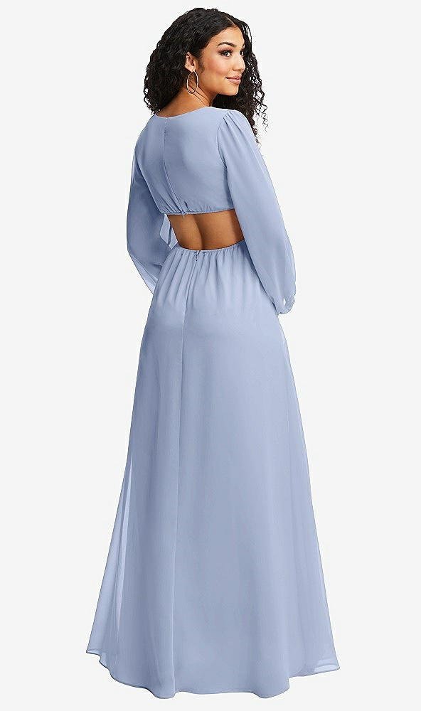 Back View - Sky Blue Long Puff Sleeve Cutout Waist Chiffon Maxi Dress
