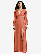 Front View Thumbnail - Terracotta Copper Long Puff Sleeve Cutout Waist Chiffon Maxi Dress