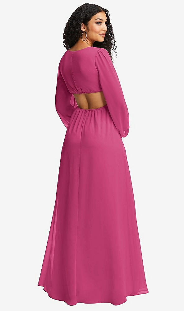 Back View - Tea Rose Long Puff Sleeve Cutout Waist Chiffon Maxi Dress