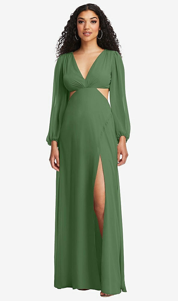 Front View - Vineyard Green Long Puff Sleeve Cutout Waist Chiffon Maxi Dress