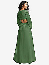 Rear View Thumbnail - Vineyard Green Long Puff Sleeve Cutout Waist Chiffon Maxi Dress