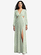 Front View Thumbnail - Vintage Primrose Sage Long Puff Sleeve Cutout Waist Chiffon Maxi Dress