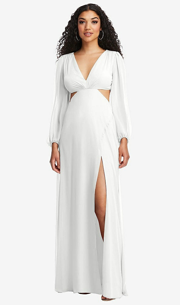 Front View - White Long Puff Sleeve Cutout Waist Chiffon Maxi Dress