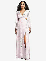 Front View Thumbnail - Watercolor Print Long Puff Sleeve Cutout Waist Chiffon Maxi Dress