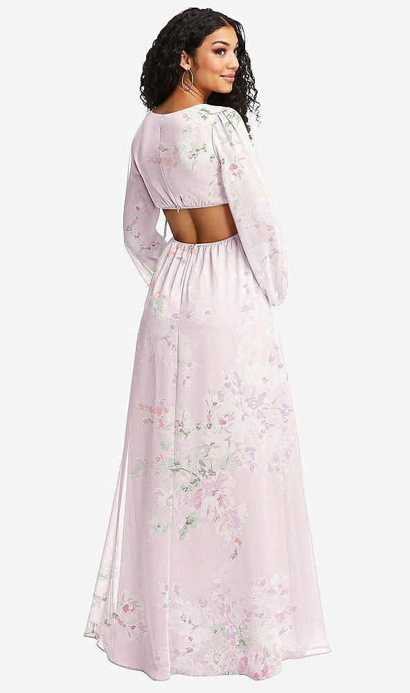 Back View - Watercolor Print Long Puff Sleeve Cutout Waist Chiffon Maxi Dress