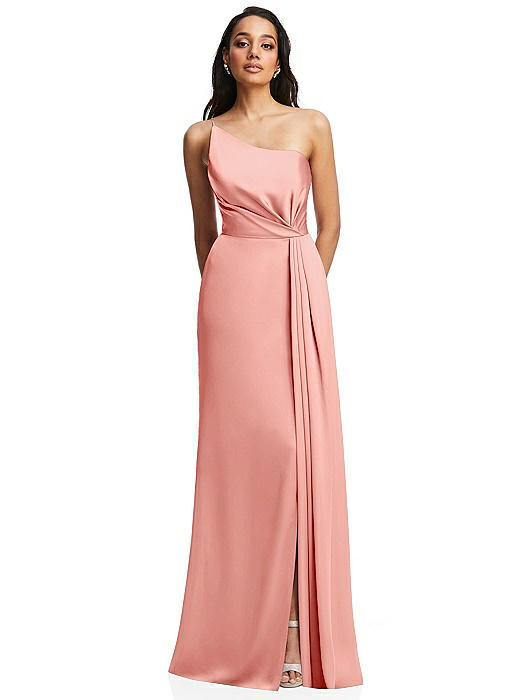 One-Shoulder Draped Skirt Satin Trumpet Gown
