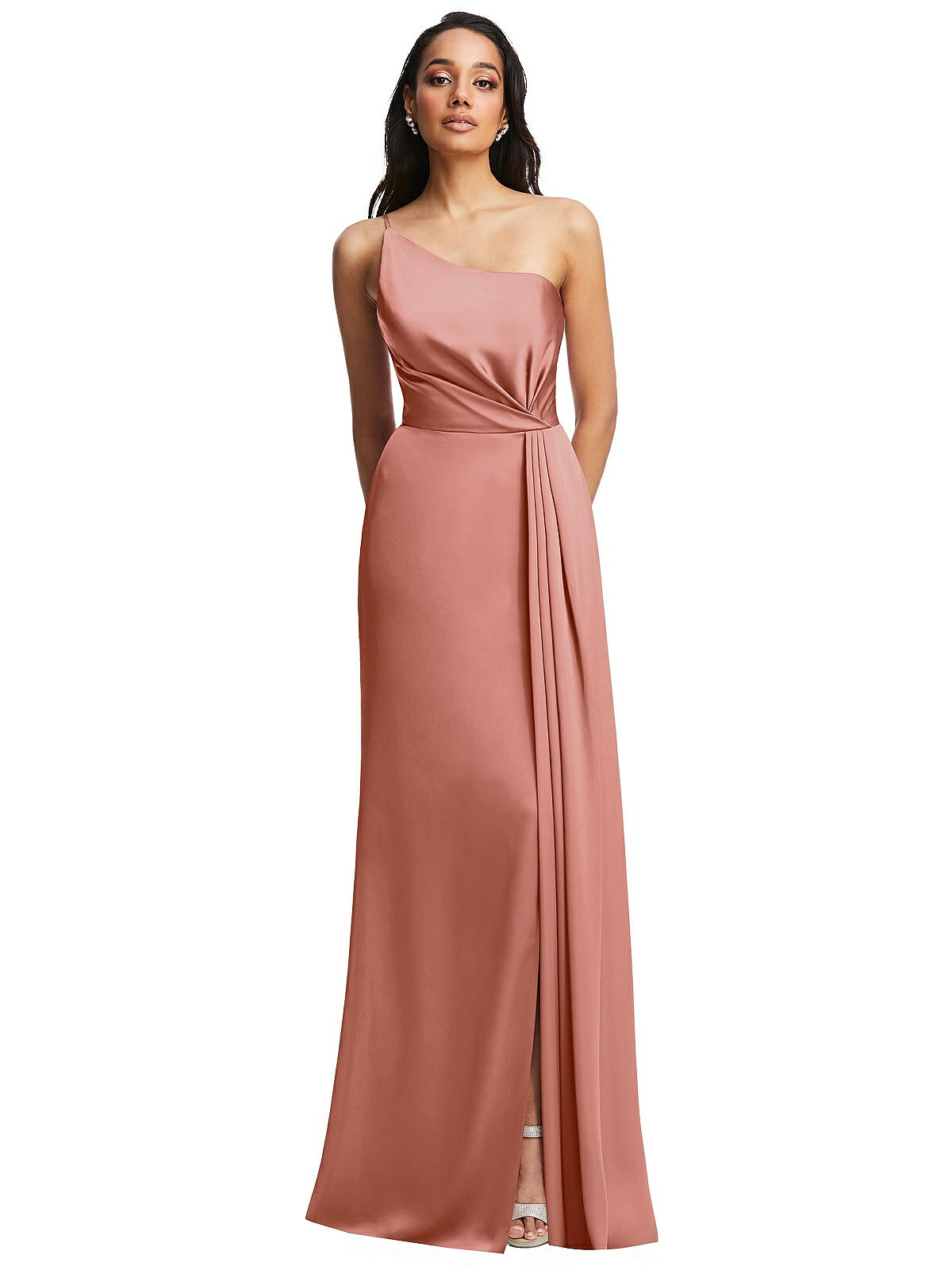 One-shoulder Draped Skirt Satin Trumpet Bridesmaid Dress In Desert