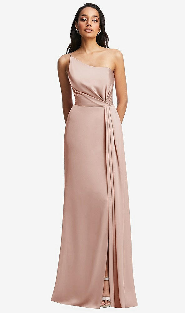Front View - Toasted Sugar One-Shoulder Draped Skirt Satin Trumpet Gown