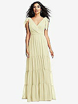 Front View Thumbnail - Butter Yellow Bow-Shoulder Faux Wrap Maxi Dress with Tiered Skirt