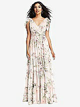 Front View Thumbnail - Blush Garden Bow-Shoulder Faux Wrap Maxi Dress with Tiered Skirt