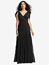 Front View Thumbnail - Black Bow-Shoulder Faux Wrap Maxi Dress with Tiered Skirt