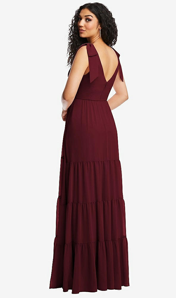 Back View - Cabernet Bow-Shoulder Faux Wrap Maxi Dress with Tiered Skirt