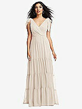 Front View Thumbnail - Oat Bow-Shoulder Faux Wrap Maxi Dress with Tiered Skirt