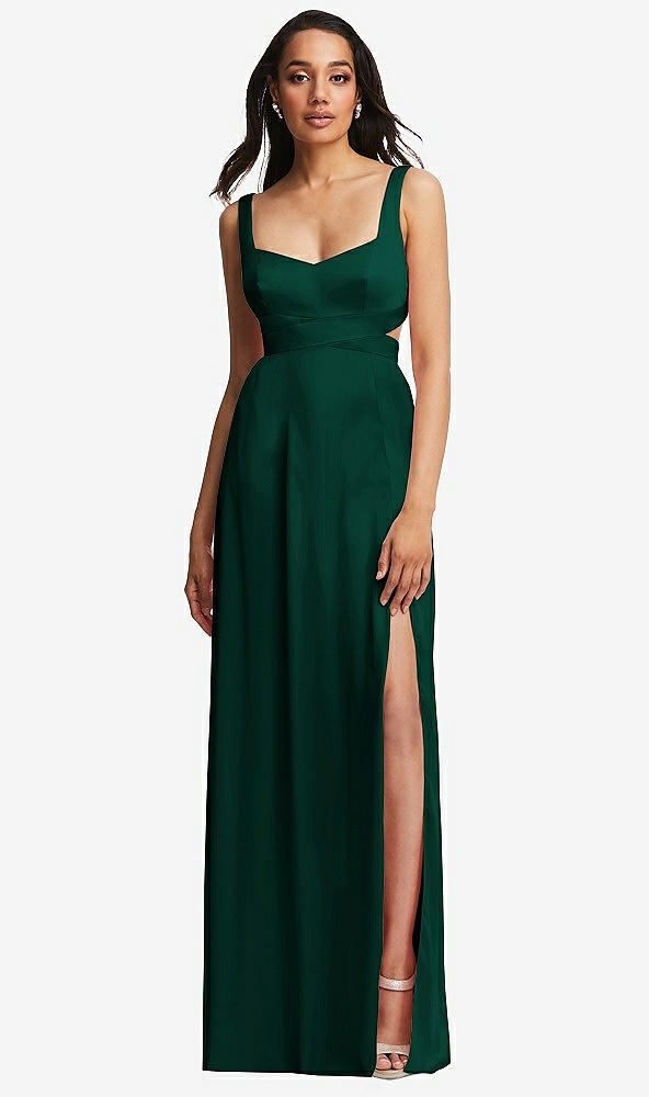Front View - Hunter Green Open Neck Cross Bodice Cutout Maxi Dress with Front Slit