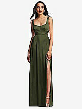 Front View Thumbnail - Olive Green Open Neck Cross Bodice Cutout Maxi Dress with Front Slit