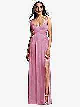 Front View Thumbnail - Powder Pink Open Neck Cross Bodice Cutout Maxi Dress with Front Slit