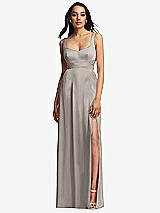 Front View Thumbnail - Taupe Open Neck Cross Bodice Cutout Maxi Dress with Front Slit