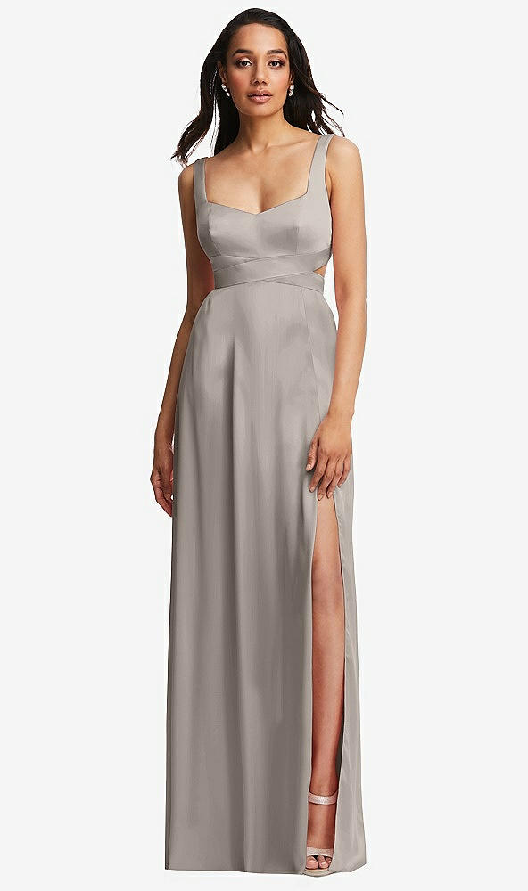 Front View - Taupe Open Neck Cross Bodice Cutout Maxi Dress with Front Slit