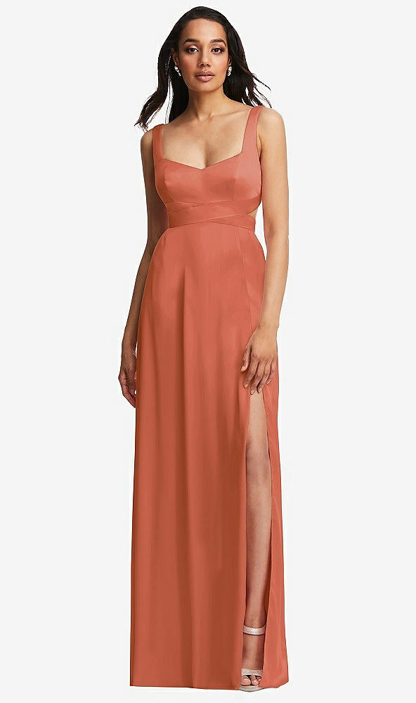 Front View - Terracotta Copper Open Neck Cross Bodice Cutout Maxi Dress with Front Slit