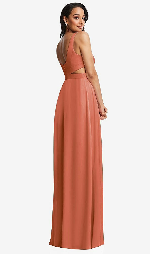 Back View - Terracotta Copper Open Neck Cross Bodice Cutout Maxi Dress with Front Slit