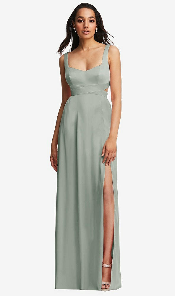 Front View - Willow Green Open Neck Cross Bodice Cutout Maxi Dress with Front Slit