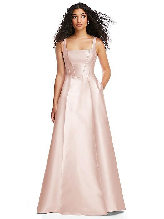 Boned Corset Closed-Back Satin Gown with Full Skirt and Pockets