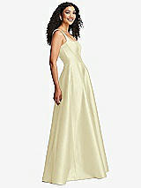 Side View Thumbnail - Butter Yellow Boned Corset Closed-Back Satin Gown with Full Skirt and Pockets
