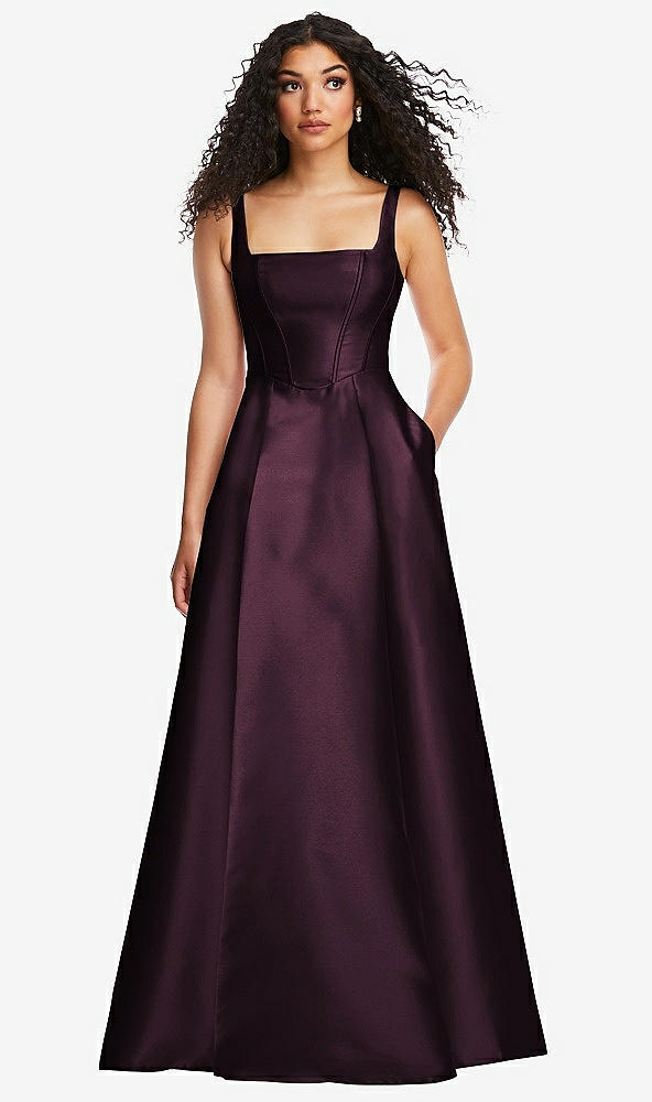 Front View - Deep Plum Boned Corset Closed-Back Satin Gown with Full Skirt and Pockets