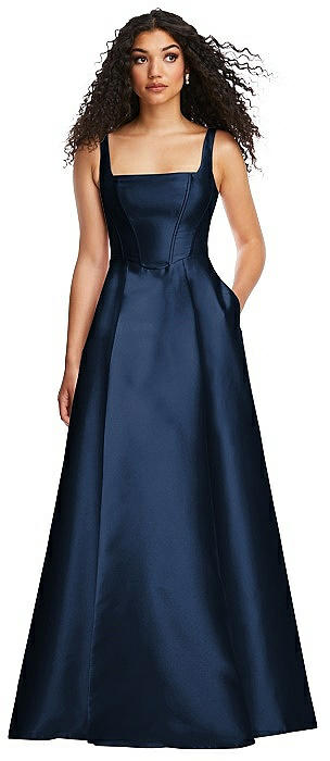 Boned Corset Closed-Back Satin Gown with Full Skirt and Pockets