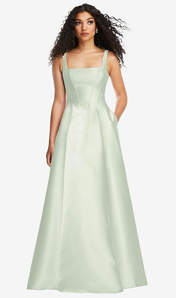 Front View - Mint Green Boned Corset Closed-Back Satin Gown with Full Skirt and Pockets