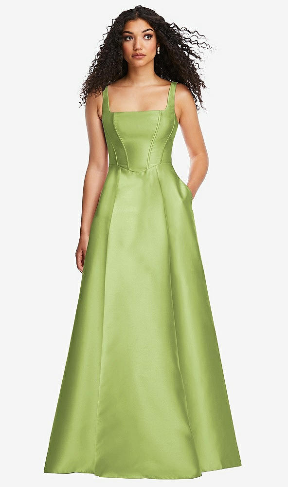 Front View - Mojito Boned Corset Closed-Back Satin Gown with Full Skirt and Pockets