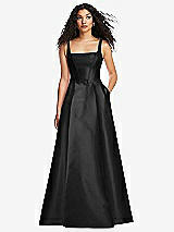 Front View Thumbnail - Black Boned Corset Closed-Back Satin Gown with Full Skirt and Pockets