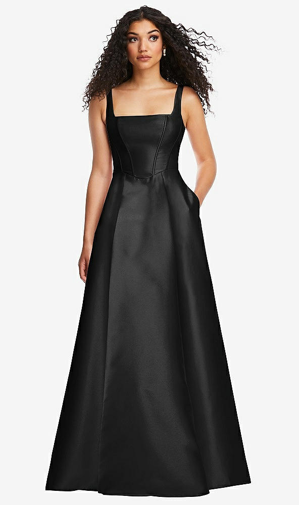 Front View - Black Boned Corset Closed-Back Satin Gown with Full Skirt and Pockets