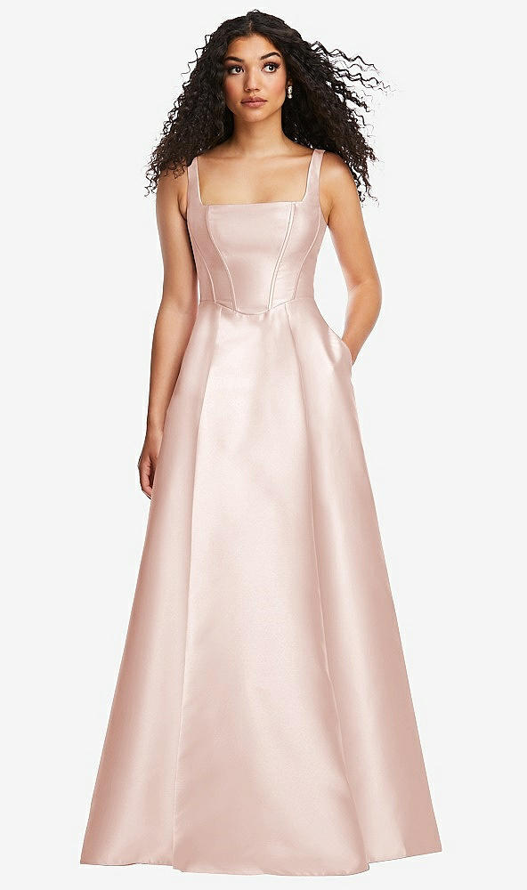 Front View - Blush Boned Corset Closed-Back Satin Gown with Full Skirt and Pockets