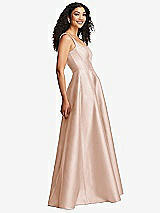 Side View Thumbnail - Cameo Boned Corset Closed-Back Satin Gown with Full Skirt and Pockets