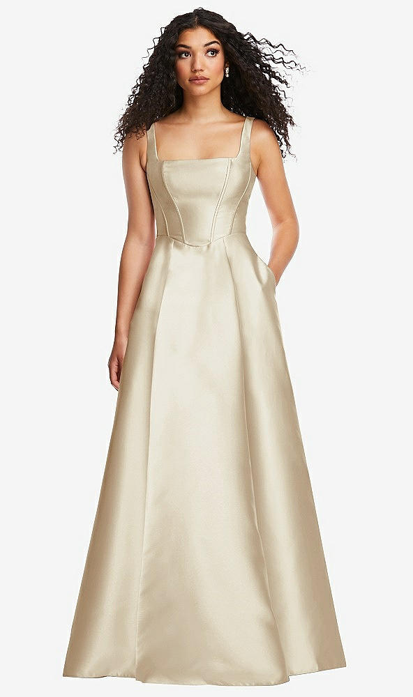 Front View - Champagne Boned Corset Closed-Back Satin Gown with Full Skirt and Pockets