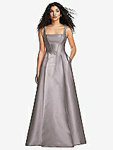 Front View Thumbnail - Cashmere Gray Boned Corset Closed-Back Satin Gown with Full Skirt and Pockets
