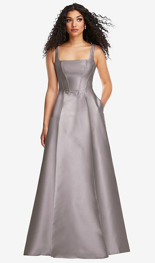 Front View - Cashmere Gray Boned Corset Closed-Back Satin Gown with Full Skirt and Pockets