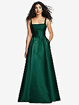 Front View Thumbnail - Hunter Green Boned Corset Closed-Back Satin Gown with Full Skirt and Pockets