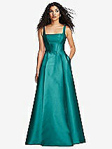 Front View Thumbnail - Jade Boned Corset Closed-Back Satin Gown with Full Skirt and Pockets