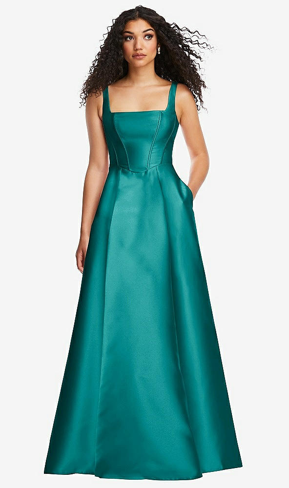Front View - Jade Boned Corset Closed-Back Satin Gown with Full Skirt and Pockets