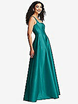 Side View Thumbnail - Jade Boned Corset Closed-Back Satin Gown with Full Skirt and Pockets