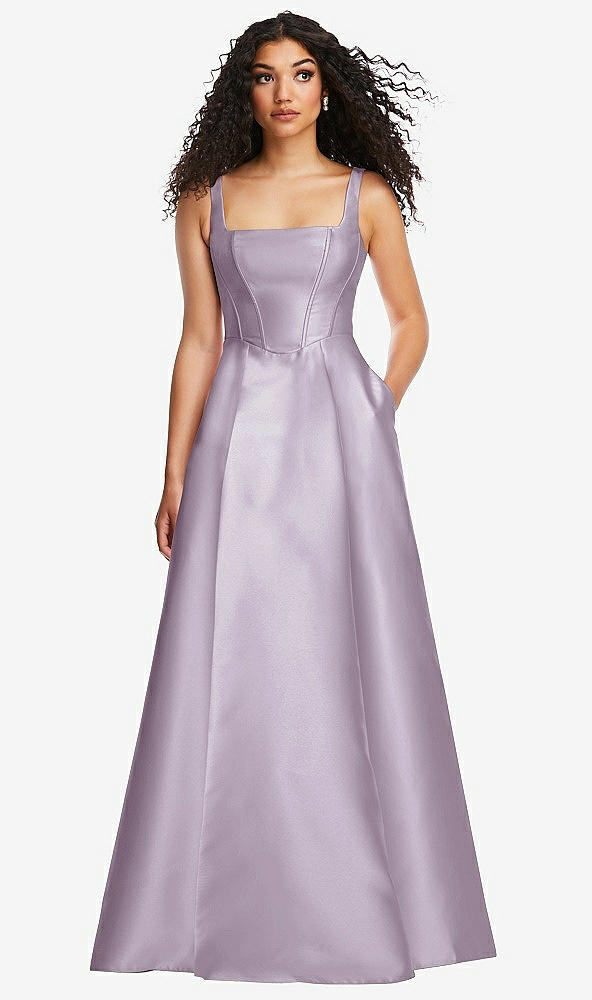 Front View - Lilac Haze Boned Corset Closed-Back Satin Gown with Full Skirt and Pockets